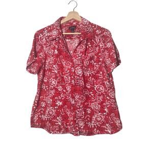 Erika Vintage Hawaiian Tropical Paisley Shirt Womens Large Red White Button up